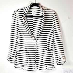 Womens Made Italy Striped Knit Blazer Jacket Medium Nautical Preppy Travel BK/WH